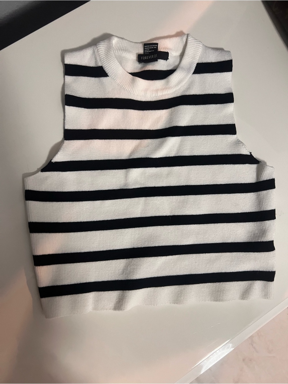 Forever 21 White and Black Striped Sleeveless Knit Crop Top